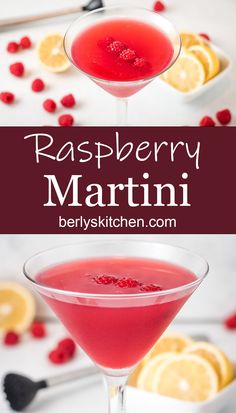 raspberry martini in a coupe glass garnished with lemons and raspberries