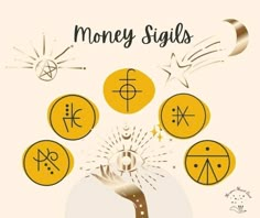 a poster with money signs and symbols on it's back cover, as well as an illustration of a hand reaching for coins