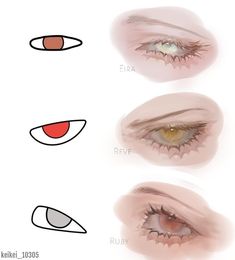 three different types of eyes are shown in this drawing technique, and each one has their own individual eye color