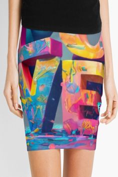 a women's skirt with an abstract painting on the front and bottom, in multi - colored colors