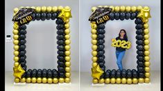 two photos with balloons in the shape of frames