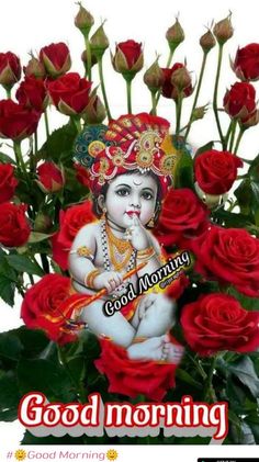 good morning with red roses and an image of lord gandapadm on it