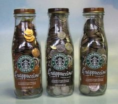 three glass jars filled with different types of coins