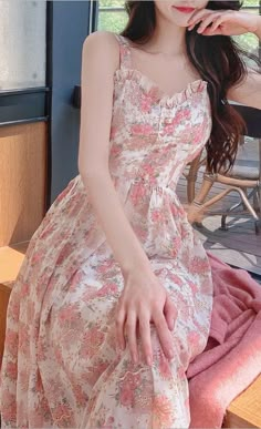 Beige Floral Sexy Summer Dress. It is sexy, comfy and classy. It is good for elegant ladies and seductive women. Everyday Wear Outfit, Free Style Dress Summer Outfits, Korean Midi Dress Outfit, Beautiful Feminine Dresses, Summer Frocks For Women Floral Dresses, Summer Dresses Korean Style, Pink Dresses Summer, Seductive Dresses Short, Pink Floral Dress Aesthetic