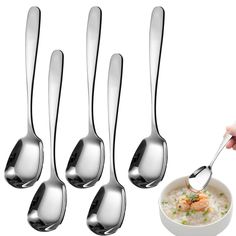 six spoons with different types of food in them and one is holding a fork