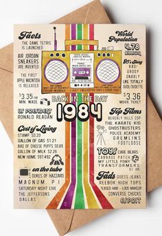 a birthday card with an old school radio on the front and back, in rainbow colors