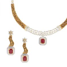 Unique designer baguette and round brilliant diamonds studded collar style necklace and earring with interchangeable gemstones in sapphire, emerald or ruby. Crafted with 18 karat antique gold, this three piece set features matching drop earrings that secure with a 1 mm post screw back. The two-tone chain within the necklace secures with a box closure. Special order: This item takes 6-8 weeks to ship. Shop with confidence with our 15 days return policy. Festive Diamond Jewelry Sets With Matching Earrings, Elegant Jewelry Sets With Intricate Pendant Design, Elegant Pendant Jewelry Set With Matching Earrings, Red Diamond Accented Jewelry For Evening, Festive Diamond Jewelry With Matching Earrings, Festive Fine Jewelry Necklaces With Jewels, Elegant Red Jewelry Sets For Festive Occasions, Elegant Necklace With Diamond Accents For Festive Occasions, Elegant Necklaces With Diamond Accents For Festive Occasions