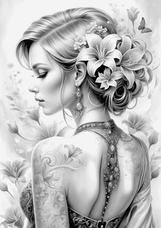 a black and white drawing of a woman with flowers in her hair