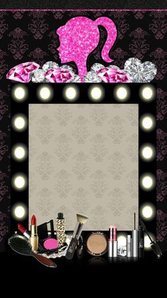 an image of a vanity with makeup and accessories in front of the light up mirror