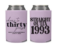 two purple can coolers with the words, cheers to thrifty years on them