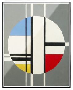 an abstract painting with black, white, red, yellow and blue lines in the center