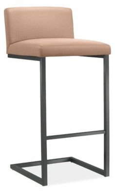 an upholstered bar stool with a beige seat and metal frame, viewed from the front