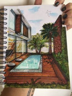 a drawing of a house with a swimming pool in the middle and trees on the other side