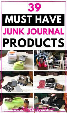 the words must have junk journal products in pink and black with images of various items