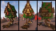 three different views of a house in minecraft