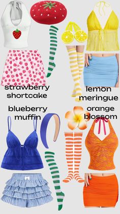 four different types of clothing that are labeled in the same language and colors, including lemons, strawberry shortcake, blueberry, orange