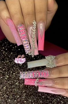 Scorpio Acrylic Nails, Taurus Birthday Nails, Aquarius Nails Designs, Aquarius Birthday Nails, Birthday Freestyle Nails, Sagittarius Birthday Nails, Birthday Sets Nails, Blinged Out Nails Rhinestones, Exotic Nails Acrylic