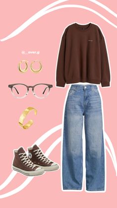 Simple, easy, comfy and cozy outfit inspo with brown color theme, casual outfits, back to school outfit, college outfit, university outfit, uni outfit, brown outfit, laid back outfit, cute outfit 🤍to get this look: brown converse, gold bangle/bracelet, brown glasses, go;d hoop earrings, brown crewneck, light/medium wash jeans. Converse Going Out Outfit, Outfits For Brown Hair, Brown Crewneck Outfit, Summer Outfits Brown, High Top Converse Outfit, Denim Moodboard, Back Outfit