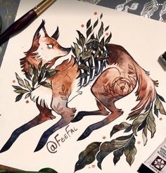 a drawing of two foxes with leaves on their backs