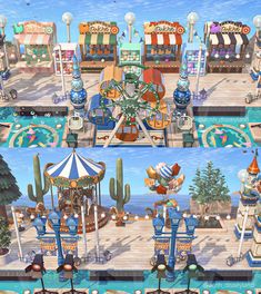 two pictures of an amusement park with various rides and booths on the ground, one is empty