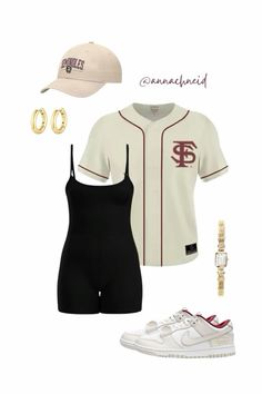 a baseball uniform, shorts and shoes are arranged in the shape of a woman's outfit