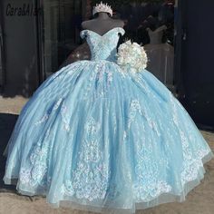 Sky Blue Quinceanera Dress Off Shoulder Lace Applique Beaded Ball Gowns Sweet 16.  "This pin contains affiliate links, which means I may earn a commission at no cost to you extra for you".   #affiliate #advertising" Sky Blue Quinceanera Dresses, Cinderella Quinceanera Themes, Blue Ball Gown, Sweet 16 Dress, Quinceñera Dresses, Blue Quince