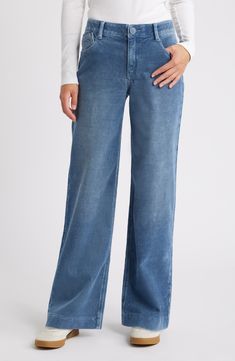 Washed for an edgy look, these corduroy jeans feature full-length wide legs, trouser-style hems and 'Ab'solution powermesh panels that mold and hold. 32" inseam; 22" leg opening; 10 1/2" front rise; 15 1/2 back rise Zip fly with button closure Five-pocket style 98% cotton, 2% spandex Machine wash, tumble dry Imported Corduroy Jeans, Trouser Style, Edgy Look, Wide Legs, Wide Leg Jeans, Size 16, Full Length, High Waist, Wide Leg