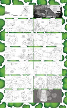 the storyboard is shown with green leaves and cartoon characters on it, including an image of