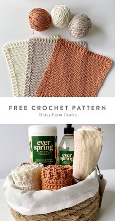 crochet basket with three balls of yarn in it and the words free crochet pattern