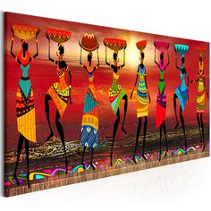 an abstract painting of african women carrying umbrellas on their heads, with the sun setting behind them