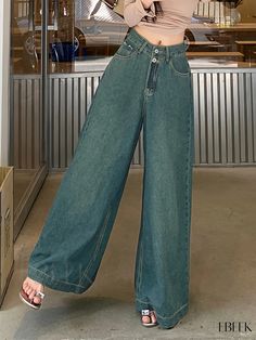 Ebeek - Versatile Wide-Leg High-Waist Jeans - Womens Denim and Casual Clothing Collection Baggy Green Denim Bottoms, Green Wide Leg Denim Bottoms, High Waist Green Denim Flare Jeans, High Rise Green Denim Flare Jeans, High Waist Green Denim Jeans, Green Non-stretch Denim Pants, Green Full-length Denim Jeans, Green Full Length Denim Jeans, Full Length Green Denim Jeans