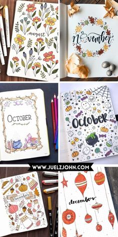 four different pictures with the words october written on them and other things to color in