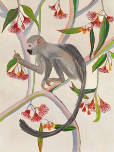 a painting of a monkey sitting on a tree branch with red flowers in the background