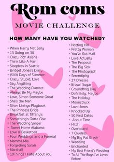 a pink poster with hearts on it and the words rom coms move challenge written in black