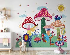 a child's room with colorful mushrooms and flowers on the wall, painted in bright colors