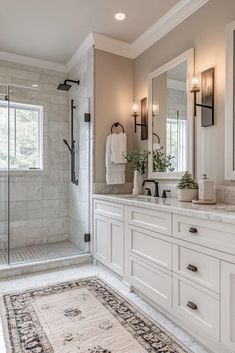 Victorian Inspired Bathroom Master Bath, Modern Country Bathroom Ideas Interior Design, Modern Farmhouse Main Bathroom, Master Bath With 2 Vanities, Bathroom Modern Cottage, Country Chic Master Bath, Baroque Bathroom Ideas, Master Bath With Split Vanities, Timeless Traditional Bathroom