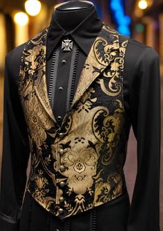 Shrine of Hollywood ARISTOCRAT VEST - GOLD/BLACK TAPESTRY formal gold goth gothic Men's Vests steampunk tapestry vampire vest victorian wedding Gold Suit Aesthetic, Black And Gold Suit Men Wedding, Black And Gold Formal Outfit Men, Fairy Suit Men, Male Fancy Outfits, Black And Gold Outfit Men, Mascarade Party Outfit Men, Black And Gold Suit Men, Gold Suit Men