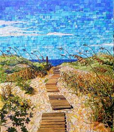 a painting of a path leading to the ocean with blue sky and clouds in the background