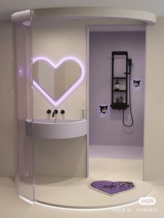 the bathroom is decorated in white and has a heart - shaped mirror on the wall