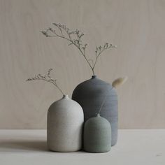 three vases with flowers in them sitting on a table