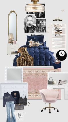 a collage of photos with clothes, furniture and pictures on the wall above them