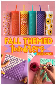 an advertisement for the fall themed tumblers is shown in several different colors and designs