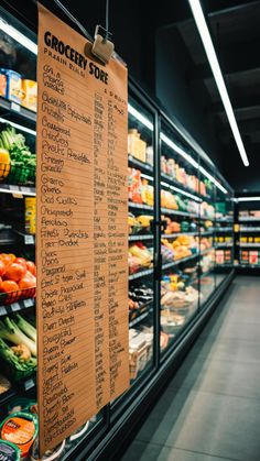 grocery store menu hanging on the wall in front of shelves full of produce and vegetables