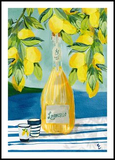 a painting of a bottle of lemonade and two cups on a striped tablecloth