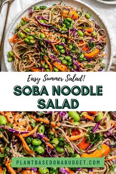 a plate filled with noodles, carrots and green peas next to a bowl of vegetables