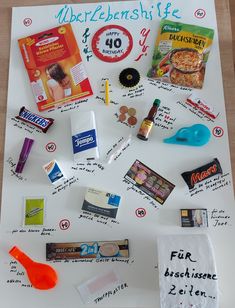 a poster with various items on it that include pizza, candy and other things to eat