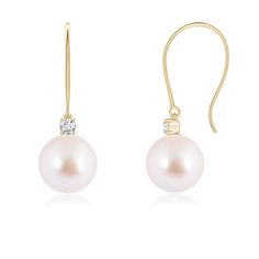 Simple yet charming, these 14k yellow gold Japanese Akoya cultured pearl earrings are a classic pair. The alluring pearls are topped with a brilliant prong-set diamond and linked to polished fishhooks. Japanese Akoya Pearl is the Birthstone for the month of June and traditional gemstone gift for 3rd, 30th, 46th, 50th & 52nd wedding anniversaries. All our items are packaged with care in appealing boxes with plush interiors. Embellished with AAA  best-quality Pearl Size is 7mm and 0.078 carat Diam Yellow Gold Akoya Pearl Pear Earrings, Formal Fine Jewelry Pearl Earrings With Ear Wire, Yellow Gold Dangle Earrings With Akoya Pearl, Gold Akoya Pearl Earrings With Ear Wire, Pear-shaped Yellow Gold Earrings With Ear Wire, Yellow Gold Pear-shaped Earrings With Ear Wire, Fine Jewelry Akoya Pearl Earrings In Yellow Gold, Fine Jewelry Yellow Gold Akoya Pearl Earrings, 52nd Wedding Anniversary