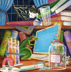 a painting of a cat sitting on top of a desk next to books and other items