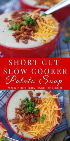 two red bowls filled with potato soup and topped with bacon, cheese and green onions