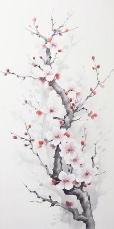 a painting of a tree with white and red flowers on it's branches, in front of a gray background